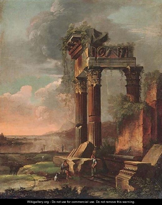 A capriccio of classical ruins with figures in the foreground - (after) Gennaro Greco, Il Mascacotta