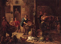 A peasant family in a farmyard with pots and pans, cabbages and poultry, a milkmaid in a stable beyond - (after) Gerard Thomas