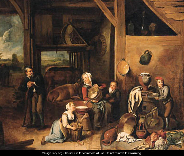 A peasant family in a barn with vegetables and kitchen utensils in the foreground - (after) Gerard Thomas