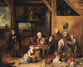 A peasant family in a barn with vegetables and kitchen utensils in the foreground - (after) Gerard Thomas