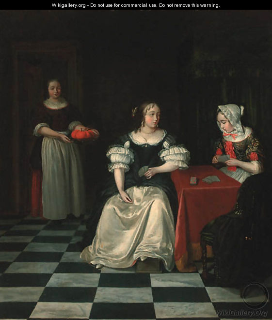 A lady and her chaperone playing cards in an interior - (after) Gerard Ter Borch