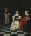 A lady and her chaperone playing cards in an interior - (after) Gerard Ter Borch