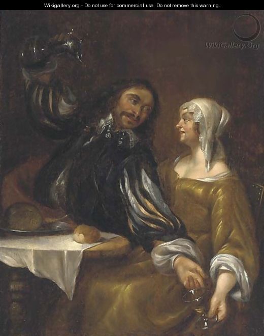 A man pouring wine into a roemer held in a woman