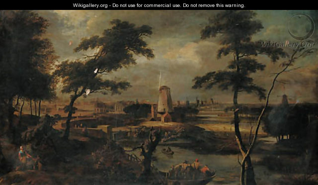 A distant view of Amsterdam with peasants in a ferry in the foreground - (after) Gerard Edema