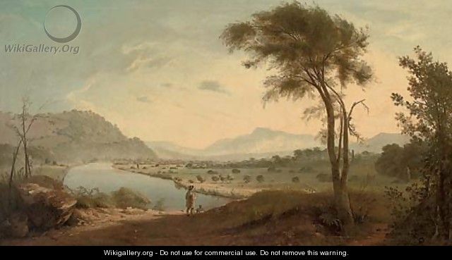 View of the Valley of the Lune, with the Lune river, Lancaster, and a figure with his dog in the foreground - (after) George, Of Chichester Smith