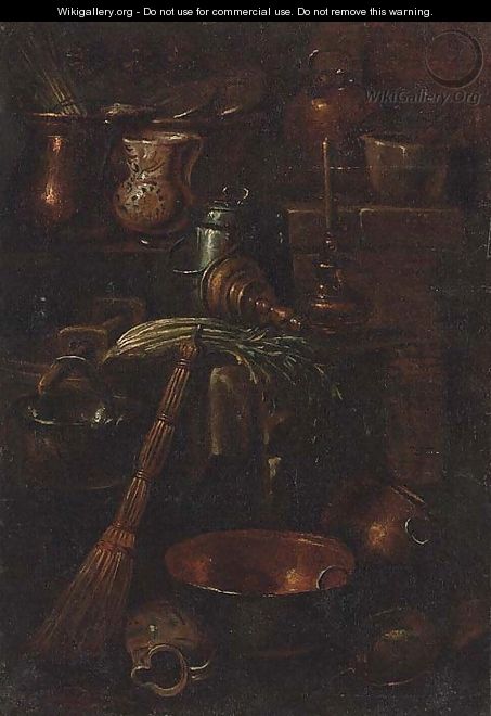 A bell, celery, ceramic pots and copper cooking vessels in a kitchen interior - (after) Gian Domenico Valentino