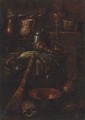 A bell, celery, ceramic pots and copper cooking vessels in a kitchen interior - (after) Gian Domenico Valentino
