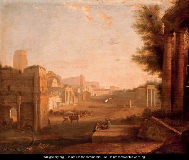 The Roman Forum with figures amongst ruins - (after) Giacomo Van Lint