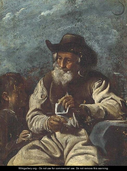 An old man knitting with a young boy - (after) Giacomo Francesco Cipper
