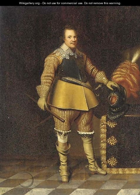 Portrait of a cavalier, full-length, his left hand on a plumed helmet - (after) Honthorst, Gerrit van
