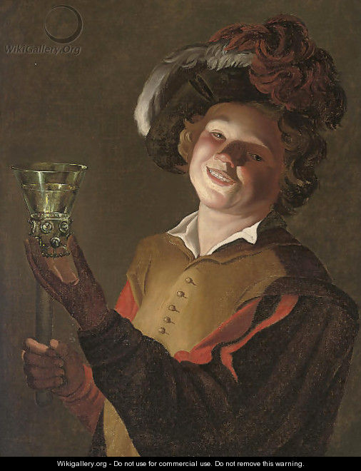 A laughing man, a roemer of wine in his left hand - (after) Honthorst, Gerrit van
