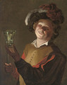 A laughing man, a roemer of wine in his left hand - (after) Honthorst, Gerrit van
