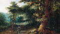 A sportsman and a traveller on a path in the wood - (after) Gillis Van Coninxloo