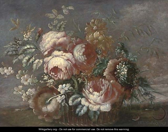 Roses, chrysanthemums and other flowers in a basket, a landscape beyond - (after) Francesco Lavagna