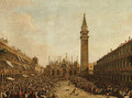 The Piazza San Marco, Venice, on the Doge's Coronation Day, with the Doge and the Admiral of the Arsenal being carried on the Pozzetto - (after) Francesco Guardi