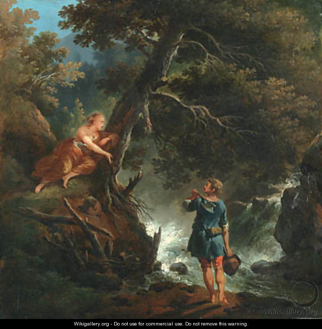 A Woodman and Nymph by a Waterfall - (after) Francesco Giuseppe Casanova