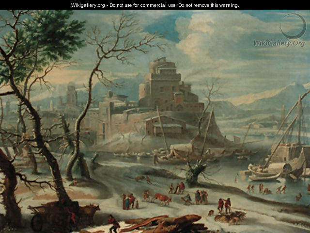 A view of an Italian walled town in winter, thought to be Verona - (after) Francesco Foschi