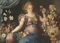 A woman seated with ornamental vases of flowers - (attr. to) Floris, Frans