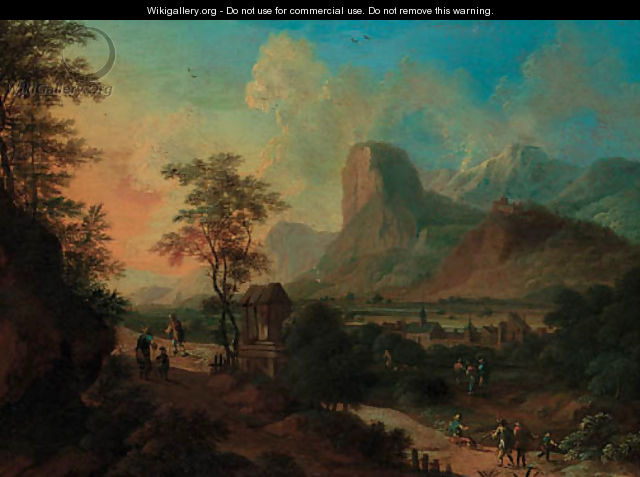 An Italianate landscape with figures on a pass by a shrine at sunset - (after) Frans De Paula Ferg