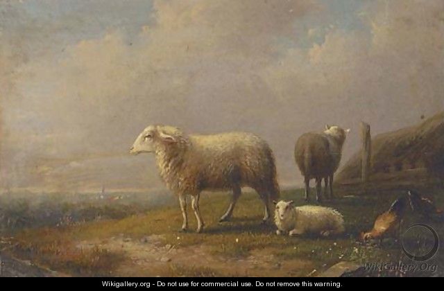 Sheep and chickens in a meadow, a town beyond - (after) Francois Vandeverdonck