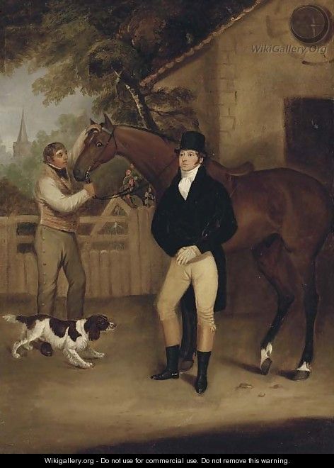 Portrait of a gentleman with his bay hunter held by a groom - (after) Francis Wheatley