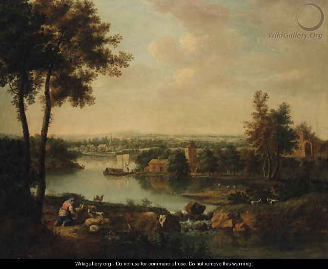 An extensive River Landscape with a Maid milking Goats on a Bank, a Village beyond - (after) Francesco Zuccarelli