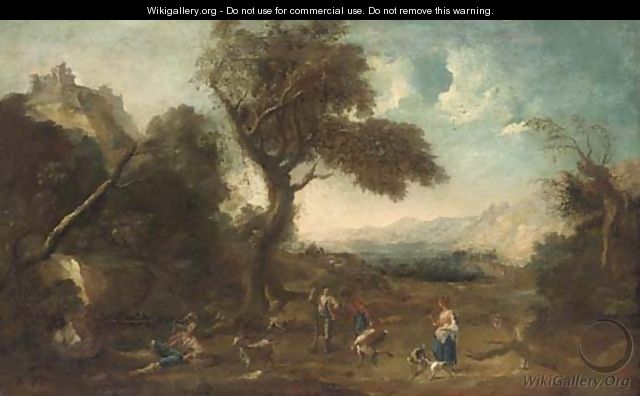 An extensive landscape with huntsmen in the foreground - (after) Francesco Zuccarelli