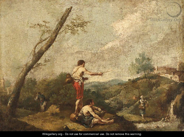 An Italianate Landscape with Fishermen on the Banks of a Stream, a Water Carrier nearby - (after) Francesco Zuccarelli