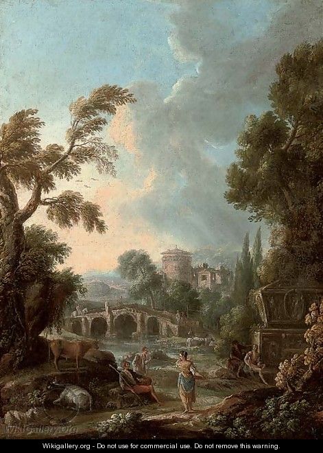 An Italianate river landscape with herdsmen on a path, a fortified tower beyond - (after) Francesco Zuccarelli