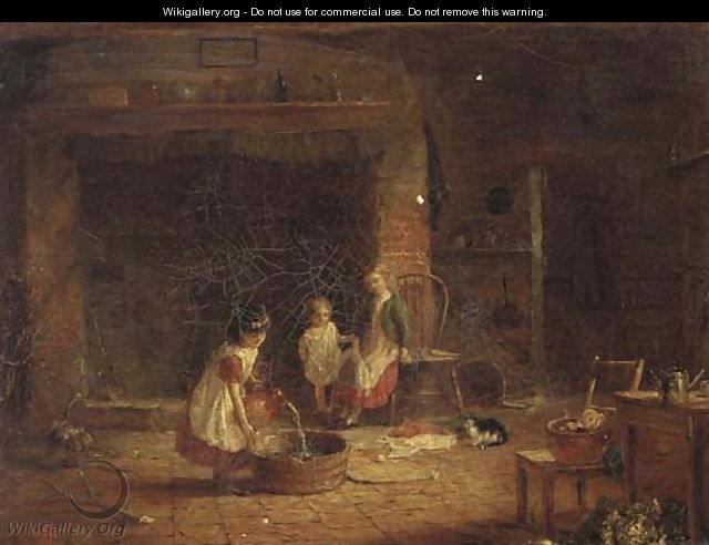 Children preparing a tub in a cottage interior - (after) Frederick Daniel Hardy