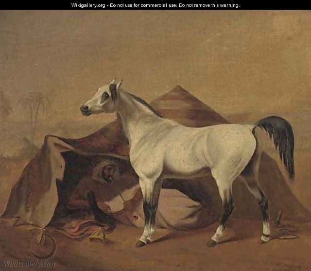 An Arab stallion tethered before a bedouin tent - (after) Franz Kruger