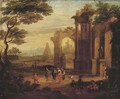 An Italianate landscape with figures strolling and resting by a ruin - (after) Franz Ferg