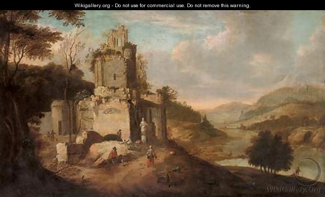An Italianate landscape with figures by ruins - (after) Franz Ferg