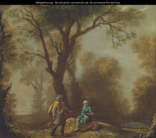A woodland clearing with travellers on a path - (after) Franz Ferg