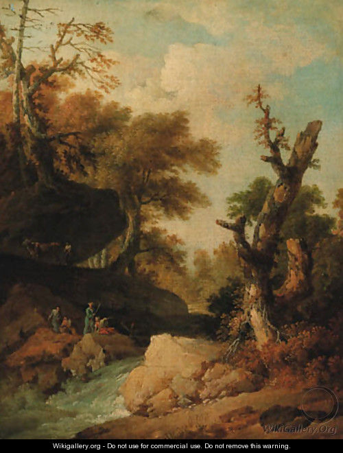 A rocky river landscape with travellers resting on a bank - (after) Franz Ferg