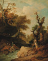 A rocky river landscape with travellers resting on a bank - (after) Franz Ferg