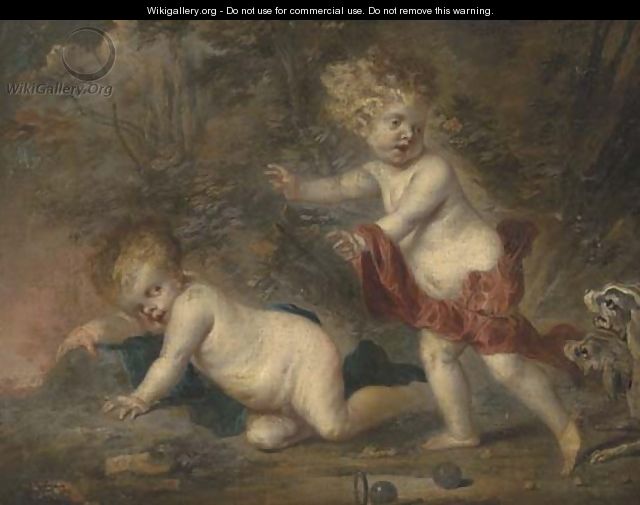 Putti disporting in a wooded clearing, surprised by two dogs - (after) Frans Wouters