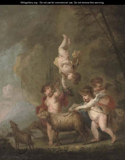 A wooded landscape with putti disporting with sheep - (after) Frans Wouters