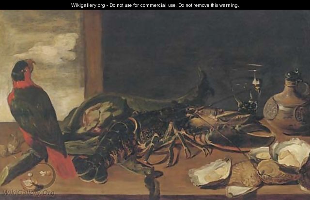 A parrot, a lobster, an artichoke, oysters, a roemer of wine and a flask on a ledge - (after) Frans Snyders