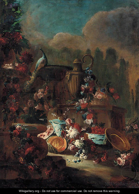Flowers and fruit by an urn with a fountain and a peacock in a landscaped park - (after) Gasparo Lopez