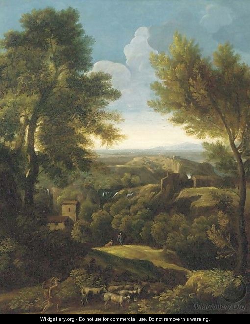 An extensive wooded landscape with a shepherd and his flock on a path - (after) Gaspard Dughet
