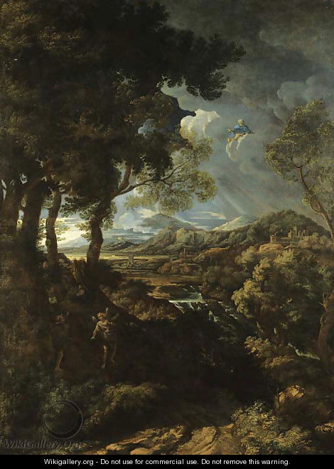 A wooded landscape with Elijah and the Angel - (after) Gaspard Dughet