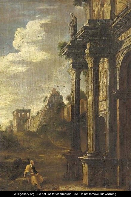 A capriccio of an artist sketching at the base of the Arch of Titus, the Pyramid of Cestus beyond - (after) Gaspard Dughet