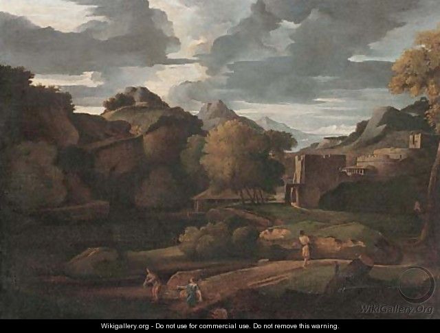 An Italianate landscape with figures on a path, classical buildings beyond - (after) Gaspard Dughet