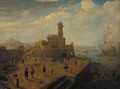 A mediteranean harbour with figures on a quay - (circle of) Wittel, Gaspar van (Vanvitelli)