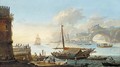 A capriccio of a Mediterranean harbour with stevedores on a quay by a galley - (circle of) Wittel, Gaspar van (Vanvitelli)