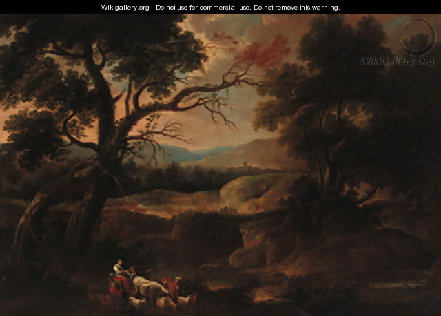 Drovers in a wooded landscape - (after) Gaspard Dughet Poussin