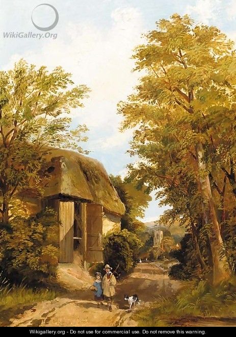 Figures on a track by a barn, a village beyond - (after) Frederick Richard Lee