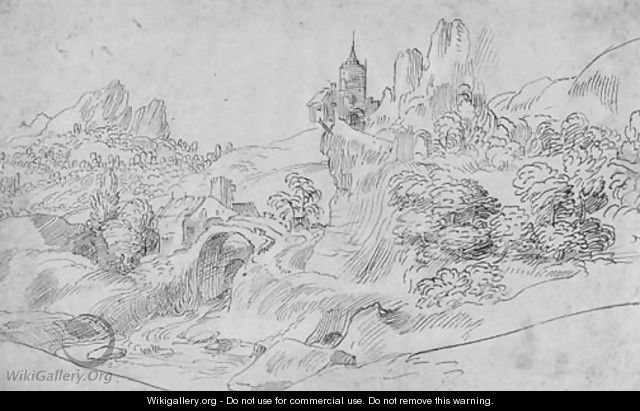 A mountainous landscape with a castle on an outcrop - (after) Domenico Campagnola