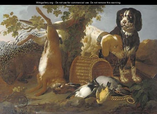 Spaniels, a porcupine, a hare and game in a landscape - (after) Domenico Brandi
